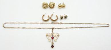 Four pairs of 9ct gold earrings and a 9ct gold Art Nouveau pendant, 6.5g
