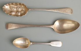 Three hallmarked silver spoons comprising Georgian table spoon, London 1806 maker's mark IB,