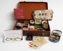 Costume jewellery to include necklace set with green paste, coral necklace, Bilston enamel brooch,