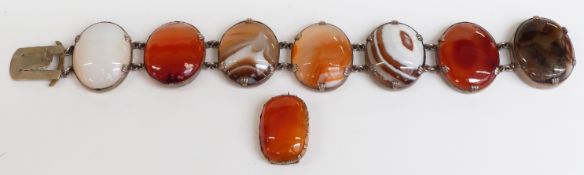 Victorian silver bracelet set with agate cabochons and a Victorian agate brooch