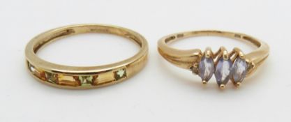 A 9ct gold ring set with peridot and citrine and a 9ct gold ring set with amethysts, 3.5g