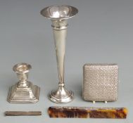 White metal cigarette case decorated with flowers, weight 102g, hallmarked silver trumpet vase,