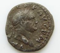 Vespasian AD 69-79 Roman silver denarius, laureate head obverse, seated figure and 'TRI-POT'