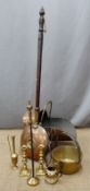 Copper coal scuttle, warming pan etc