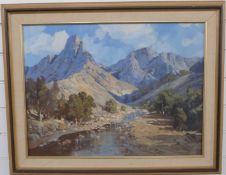 Hugh Stevenson (South African 1910-1956) oil on board rocky river winding down through mountains,