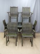 A circular teak garden table and four chairs, diameter 152cm