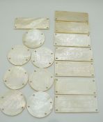 Seven 19thC Chinese mother of pearl circular counters depicting court scenes and eight matching