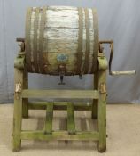 A coopered oak butter churn on stand, plaque with Hathaway, Chippenham to side, H111cm