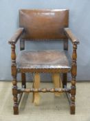19th or early 20thC leather upholstered oak armchair