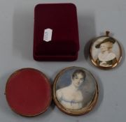 A 19th century or early 20th century leather cased portrait miniature on ivory of a lady in a