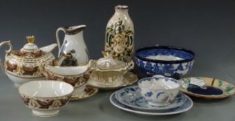 Collection of 18thC and later pottery and porcelain including an Italian apothecary bottle, 19thC