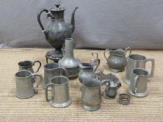 Quantity of 19th century and later pewter and other metalware including teapot
