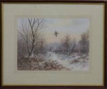 B Hobson watercolour 'Over The Lane - Woodcock', game bird in flight above a snowy landscape, signed