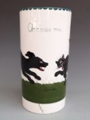 The Bristol Cat and Dog Pottery large cylindrical vase hand painted with a  cat and dog scene