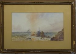 Ferneley Ramus (Irish 1868-1937) watercolour of a lighthouse, ships and rowing boat, signed and