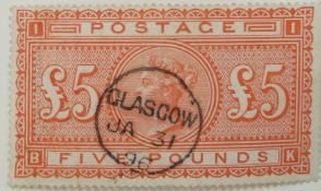 GB 1867 SG137 £5 orange, white paper, fine used with Glasgow circular date stamp