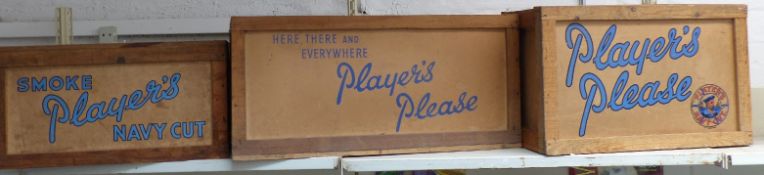 Three vintage Player's Navy Cut boxes, each with the Player's logo and Player's Please