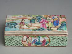 A 19thC Chinese Canton famille rose scholar's/ scribe's box with figural court scene decoration,