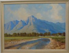 Hugh Stevenson (South African 1910-1956) oil on board river with farm and mountains beyond, signed