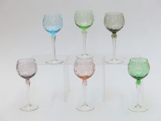 Harlequin set of six coloured cut hock glasses, 19cm tall