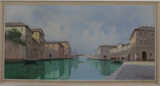 Aldo Muranigoni large oil on canvas Venetian canal scene, signed lower right, 60 x 120cm