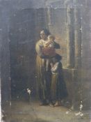 Oil on canvas lady and her two children sheltering in a doorway, monogrammed and dated possibly M