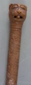 Burmese antique cane, the intricately carved shaft with figural lion head finial, L100cm