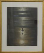 Pastel of a bird silhouetted against a moonlit beach, signed Bruce, 30 x 25cm