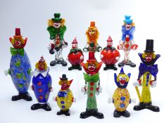 Eleven Murano and similar glass clowns, largest 35cm tall