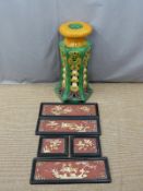A pierced Chinese jardiniere stand, H71cm and four Chinese panels