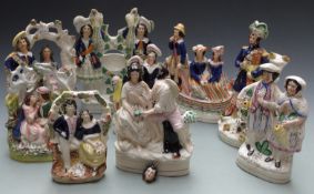 Nine 19thC Staffordshire figures including flatback examples, gondolas, Scottish themes etc, tallest
