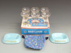 Set of six Babycham glasses in presentation box, Vagabond Babycham bag and two branded ashtrays
