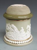 Carltonware combination tobacco jar/striker, relief decorated with a hunting scene, with inner lid