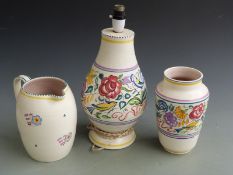 Poole Pottery lamp, vase and jug, tallest 40cm