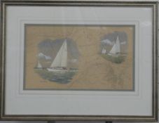 Colin Baxter watercolour on shipping chart of Cowes, Isle of Wight depicting sailing yachts, 23 x