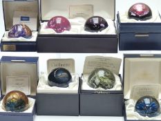 Eight Caithness limited edition glass paperweights including a Dawn and Dusk set, Blue Spiral, Magic