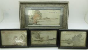 Four Chinese engraved white metal pictures of lake scenes, largest 7x15cm