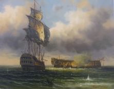 James Hardy (late 20thC) acrylic on panel galleons at war, one missing its masts, signed lower right