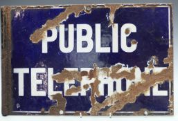 Vintage Public Telephone double sided enamel sign, 30 x 47cm