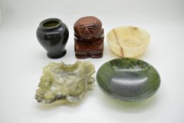 Hardstone dish, carved hardstone figure, vase and dish etc, largest diameter 9.5cm