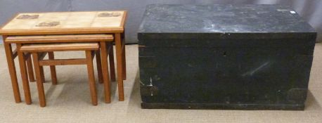 Metal bound travelling trunk, width 85cm, flight case and a nest of three retro tables