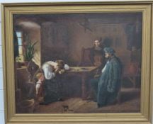 W J Lock Victorian oil on canvas sombre figures around a table, signed and dated 1885 lower left, 42