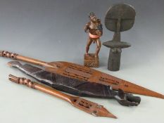 Carved African tribal figure, figural vessel, Indian brass trays, seat etc