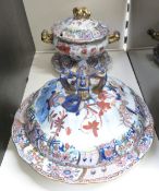 19thC Masons patent ironstone tureen and cover and a similar gravy/sauce tureen with underplate,