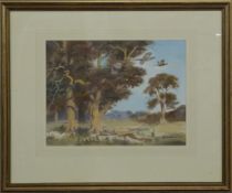 Robert W. Milliken watercolour pheasants emerging from a wood, signed lower right, 27 x 36cm