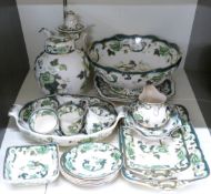 Collection of Masons Chartreuse teaware, ginger jar and large pedestal bowl
