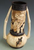 Bretby pottery twin handled chinoiserie vase with faux bamboo handles and applied lizard decoration,