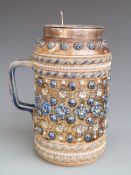 Doulton Lambeth tankard style jug with hallmarked silver hinged lid, H19cm