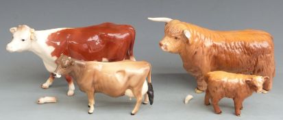 Beswick Hereford, Highland and Jersey cattle, tallest 12cm