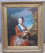 Oleograph on canvas lady with Hurdy Gurdy, in ornate gilt frame, overall size 96 x 81cm
